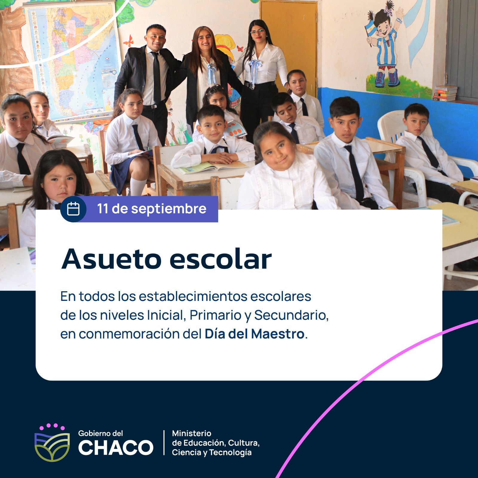 POR EL DÍA DEL MAESTRO, ESTE MIÉRCOLES NO HABRÁ CLASES EN LAS ESCUELAS CHAQUEÑAS.