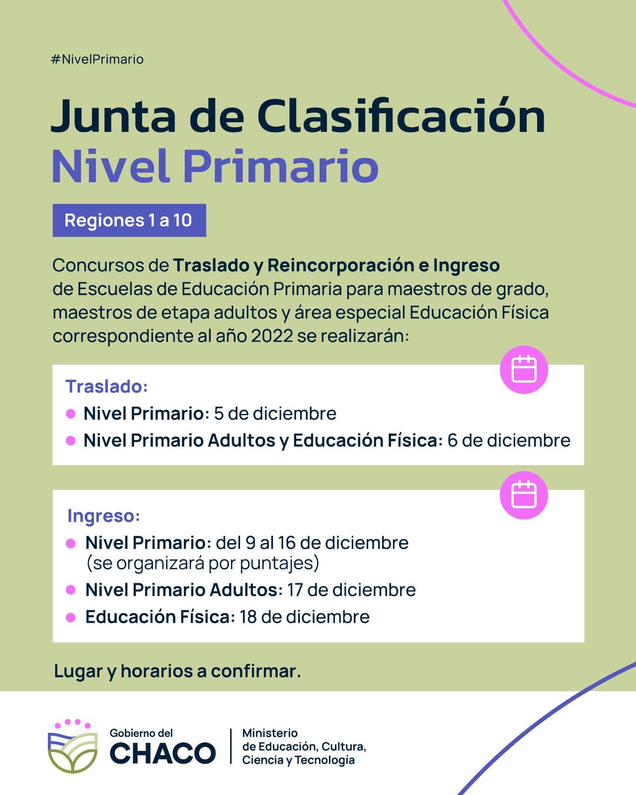 NIVEL PRIMARIO: FECHAS CONFIRMADAS PARA CONCURSOS DE TRASLADO Y REINCORPORACIÓN E INGRESO.