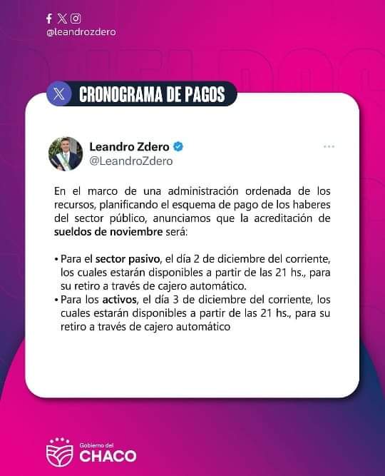 EL GOBERNADOR ZDERO ANUNCIÓ EL PAGO DE SUELDOS DE LA ADMINISTRACIÓN PÚBLICA.